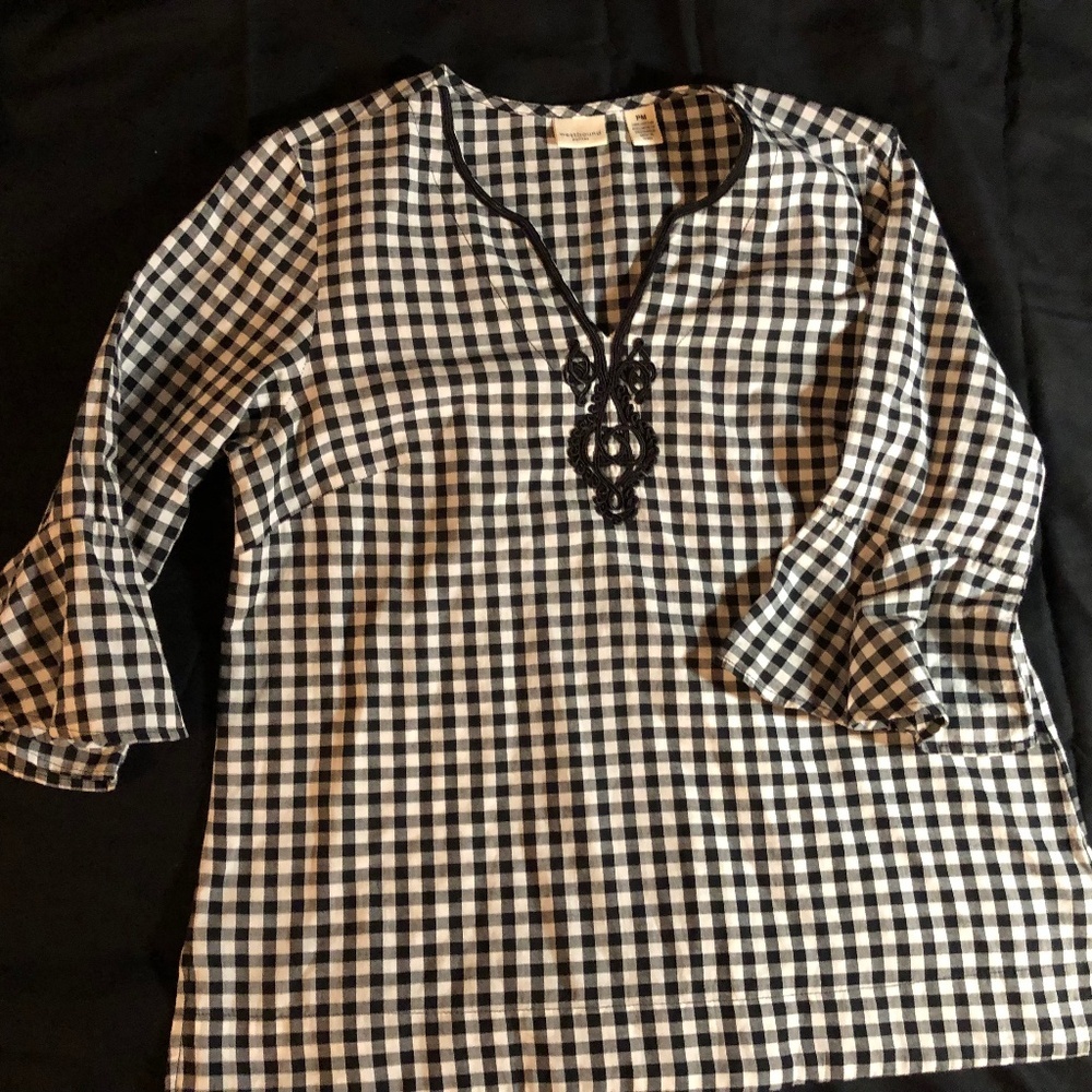 Westbound black and white gingham tunic blouse with a V-neck and embroidery